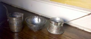 3 Antique Handmade Rare Copper Turkish Bowl Cup Briki Pot Signed Silver Lined photo