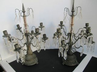 Pair Of 100 Year Old French Bronze Candelabra W/ 8 Candle Holder W/ Crystals photo