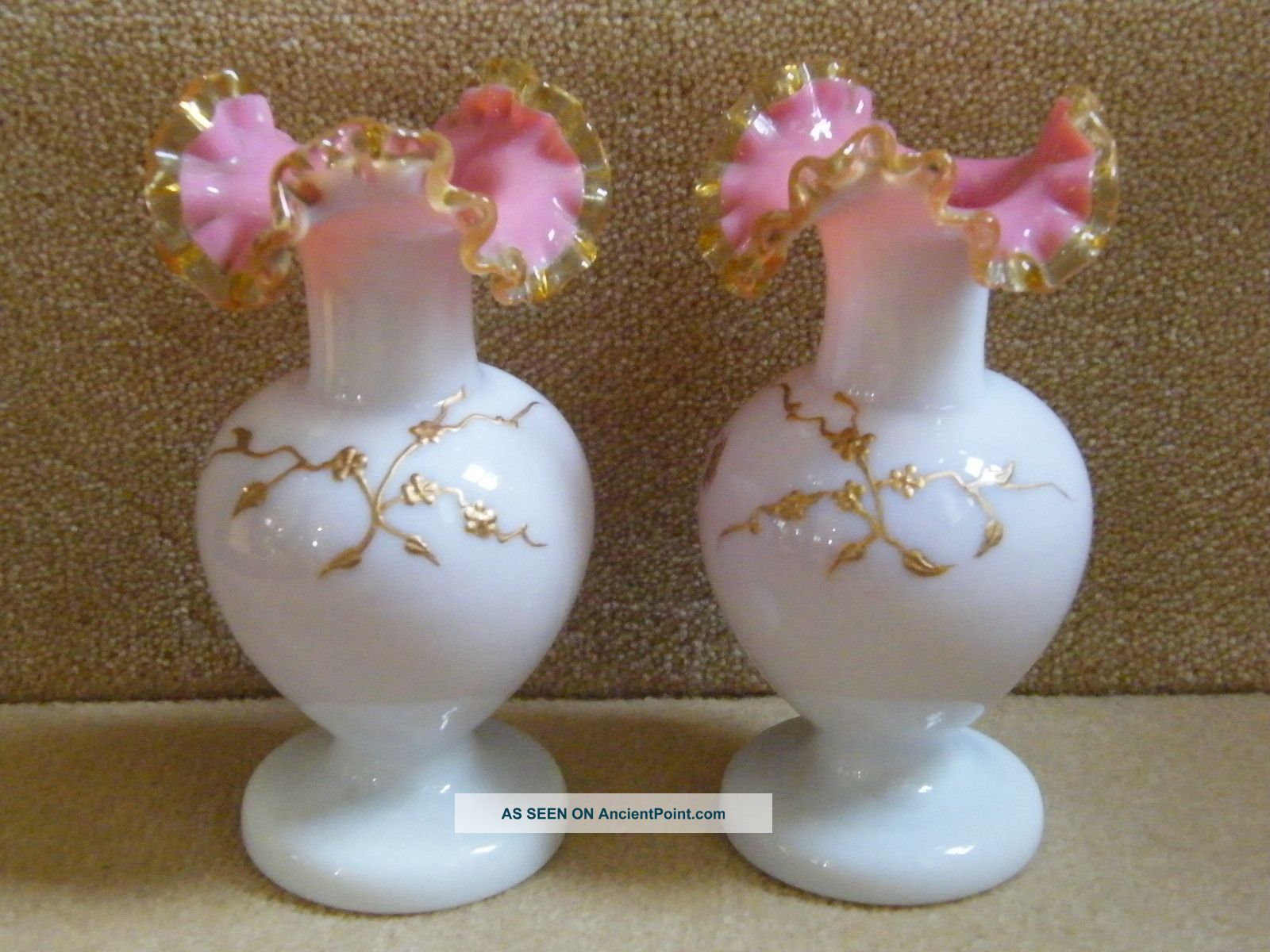 Fine Pr Victorian Hand Gilded Cased Pink & White Opaline Crimped Top Glass Vases Vases photo