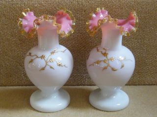 Fine Pr Victorian Hand Gilded Cased Pink & White Opaline Crimped Top Glass Vases photo