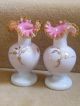 Fine Pr Victorian Hand Gilded Cased Pink & White Opaline Crimped Top Glass Vases Vases photo 3