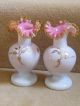 Fine Pr Victorian Hand Gilded Cased Pink & White Opaline Crimped Top Glass Vases Vases photo 3