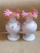 Fine Pr Victorian Hand Gilded Cased Pink & White Opaline Crimped Top Glass Vases Vases photo 6