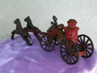 Antique Cast Iron Toy Fire Wagon With Two Horses Wagon And Driver Complete Set photo