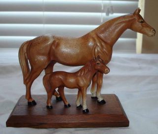 Antique Hubley Cast Iron Sorrel Horse & Colt On Stand photo