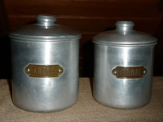 Vintage French Aluminum Canister Set (2 Canisters) - Brass Riveted Labels photo