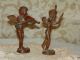 Antique/vintage Pair Bronze Angel Cherubs Playing Musical Instruments Home Decor Metalware photo 1