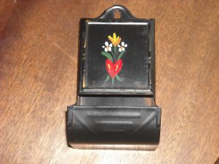 Antique Wall Mountable Hand Painted Tin Match Safe Match Holder, photo
