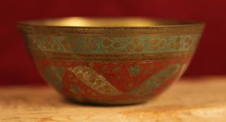 Large Antique Decorated Brass Serving Bowl With Cloisonne Painting photo
