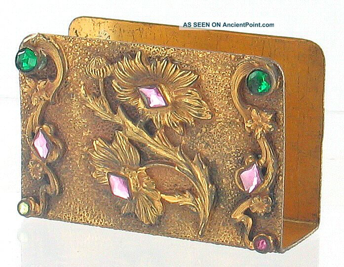 Antique Art Nouveau Jeweled Dore Bronze Finish Card Holder So Unusual Metalware photo