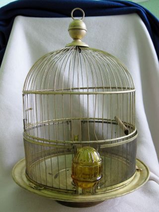 Antique Round Brass Bird Cage Made In Germany Finial Top/plastic Feeder photo