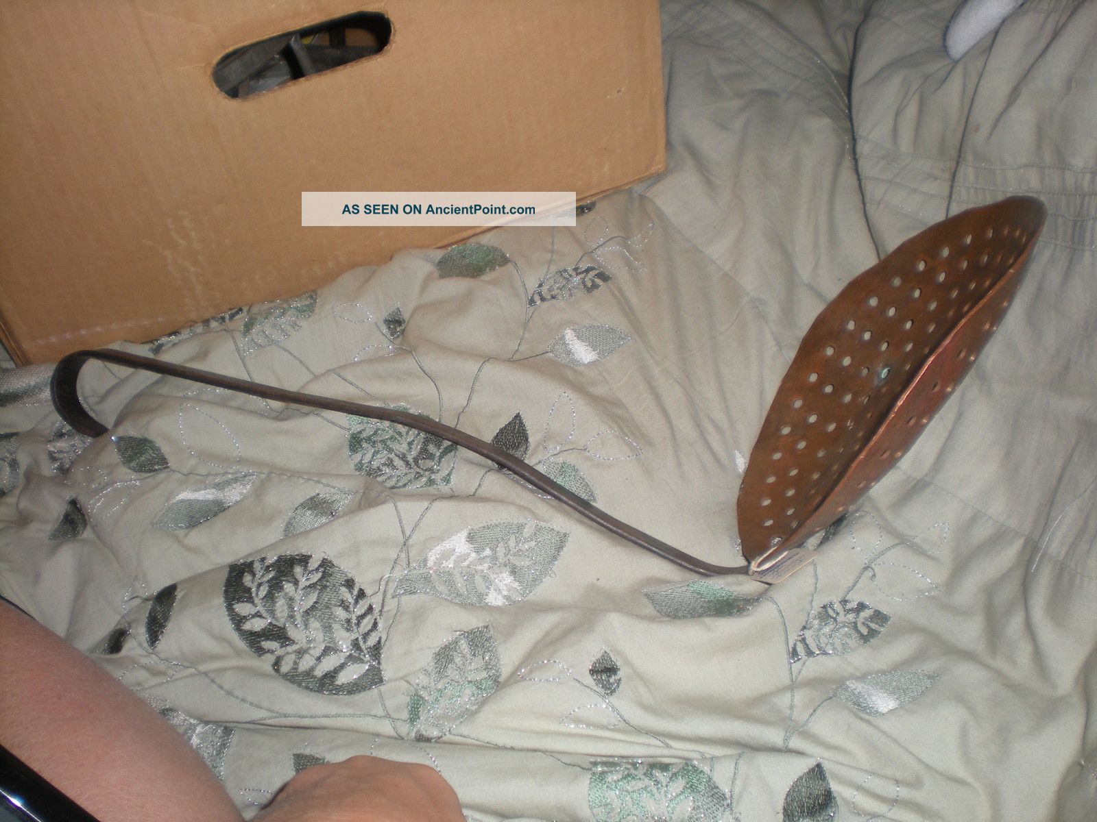 Antique Wrought Iron & Copper Large Primitive Skimmer Strainer Ladle Spoon Metalware photo