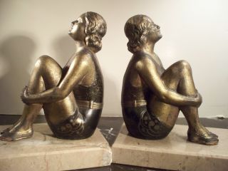 Rare Art Deco French Bathing Beauties Female Spelter Cast Metal Bookends photo