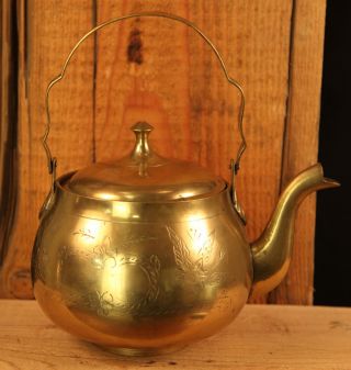 Heavy Antique Ornate Brass Tea Pot With Engraved Patterns photo