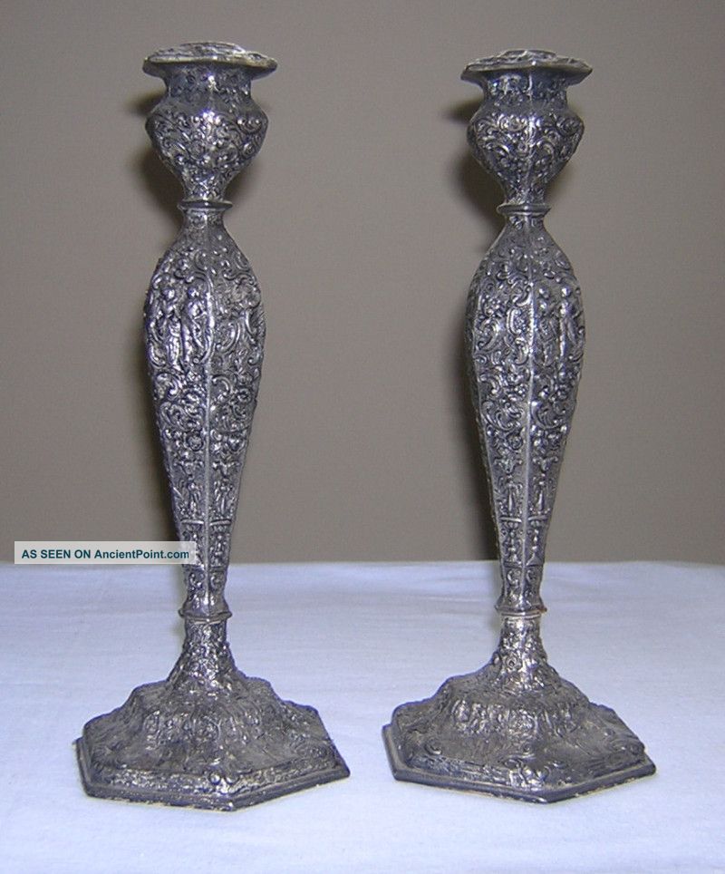 Early 1900s W.  B.  Mfg Co.  Weidlich Brothers Colonial Couple Motif Candlesticks Metalware photo