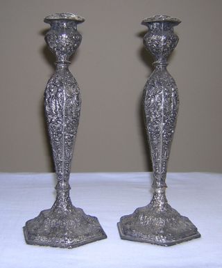 Early 1900s W.  B.  Mfg Co.  Weidlich Brothers Colonial Couple Motif Candlesticks photo