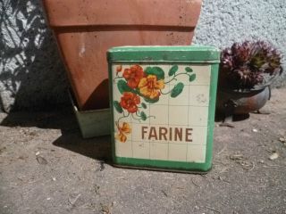 Vintage French Tin Shabby Box Canister : Flour = Farine Art Nouveau Style photo