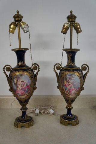 2 Antique Victorian Lamps Vase French Romantic Lighting Urn Hand Painted Pair photo
