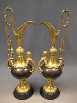 French Pair Of Gilt Bronze & Marble Pitchers 08630 photo