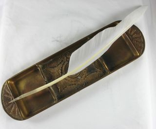Antique Gilded Bronze 1860 Pen Tray With Feather Quill photo