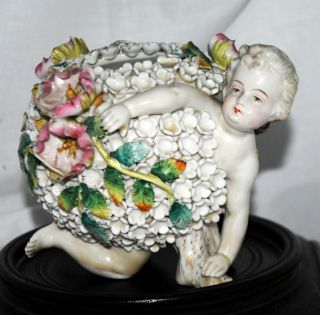 Antique German Porcelain Cherub In Flower Encrusted Vase photo