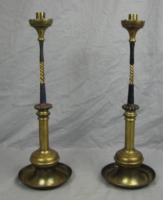 Pair Of Tall Antique Brass & Wrought Iron Candle Sticks photo