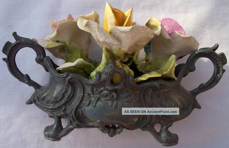Antique Italian Capo Dimonte Flowers In Pewter Jardiniè Metalware photo