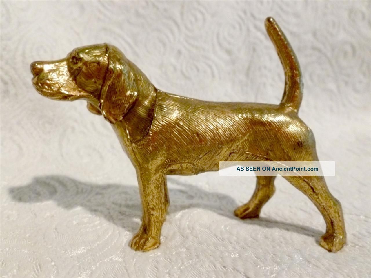 Antique Hound Dog Statue Figurine Gold Gilt On Metal Fine Small Hunting Dog Metalware photo