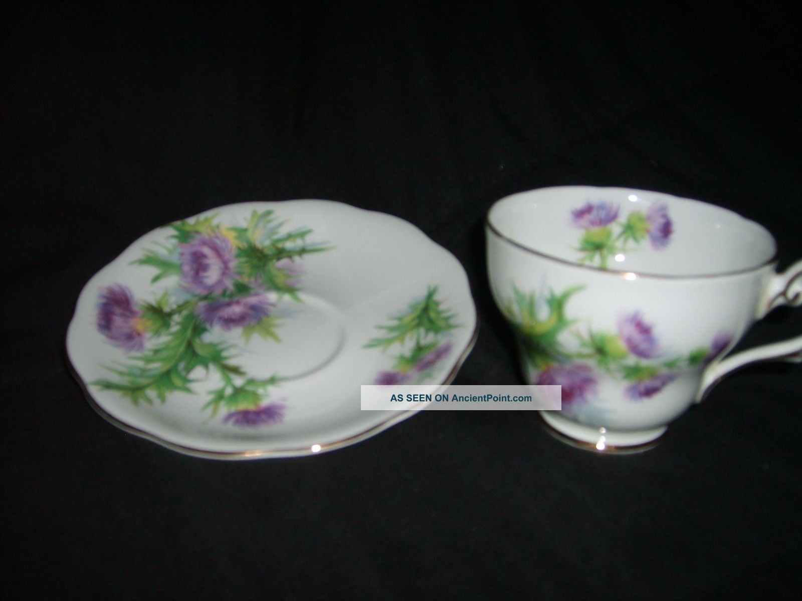 White With Purple Flowers Teacup With Saucer Cups & Saucers photo