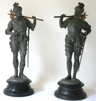 Ansonia Warriors Antique Spelter Knights Statues With Swords & Axe 15 