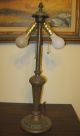 Antique 1920s 8 Panel Green Slag Glass Table Lamp Polychrome Metal Overlay Lamps photo 10