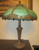 Antique 1920s 8 Panel Green Slag Glass Table Lamp Polychrome Metal Overlay Lamps photo 11