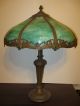 Antique 1920s 8 Panel Green Slag Glass Table Lamp Polychrome Metal Overlay Lamps photo 1