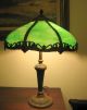 Antique 1920s 8 Panel Green Slag Glass Table Lamp Polychrome Metal Overlay Lamps photo 2