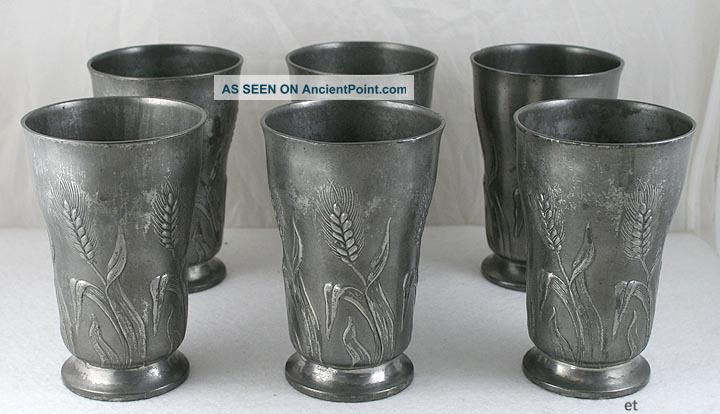 6 German Pewter Kayserzinn Style Wheat Cups Metalware photo