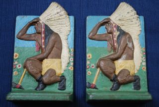 Vintage Painted Metal Bookends American Indian Scout Theme Circa 1920s photo