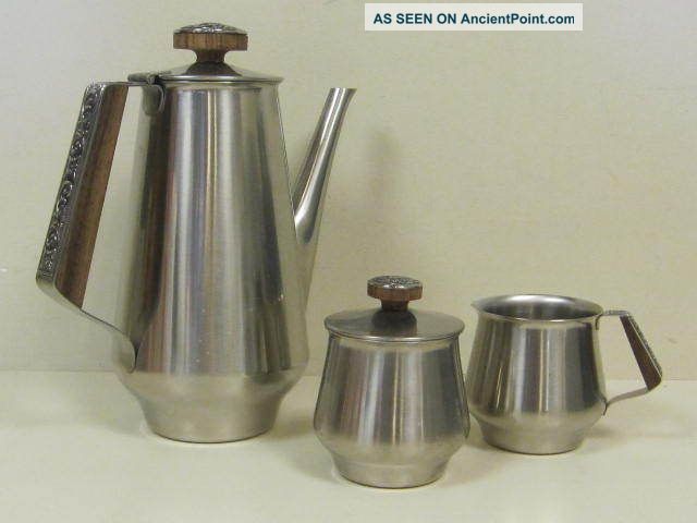 1960 ' S 18 - 8 Stainless Steel Coffee / Tea Pot,  Sugar Bowl & Creamer Set Metalware photo