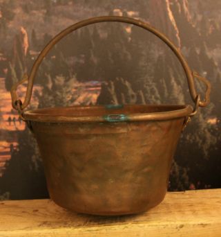 Circa 1840 ' S Antique Cast Copper Pot With Ornate Twist Wrought Iron Handle photo