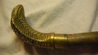 Vintage Cane Walking Stick Brass Handle Snake Head Reptile photo