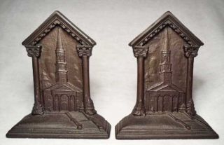 Large Steepled Church/nice Cast Iron Antique Bookends Circa 1925/marked D F Co photo
