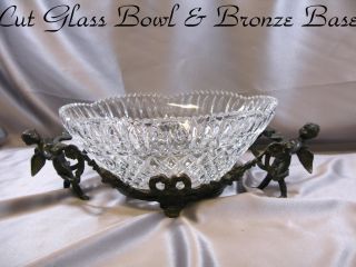 Pressed Cut Glass Diamond Cut Centerpiece Bowl On Bronze Stand photo