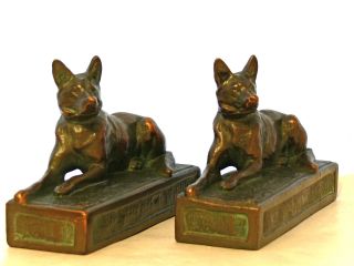 Antique German Shepherd Bookends Galvano Bronze Dog Vintage Sculptures Art Deco photo