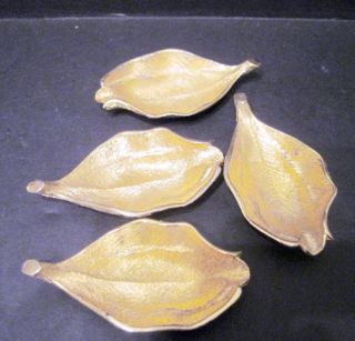 4 Miniature Metal Leaf Dishes Textured Gold Tone photo
