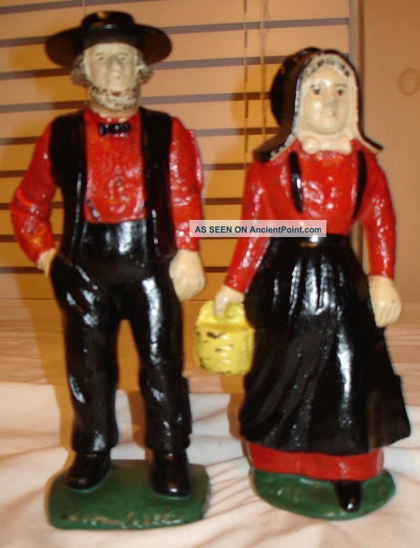 Antique Cast Iron Amos Annie Amish Man & Woman Doorstop Metalware photo