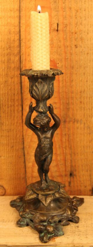 Circa 19th Century Solid Bronze Cherub Candleholder photo