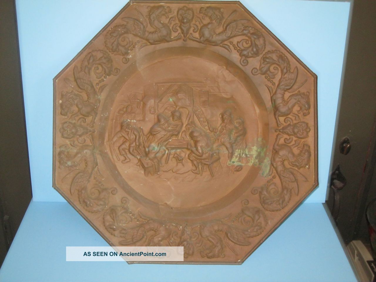 France French Repousse Copper Patina Card Game Fight Wall Plaque C.  19th Century Metalware photo