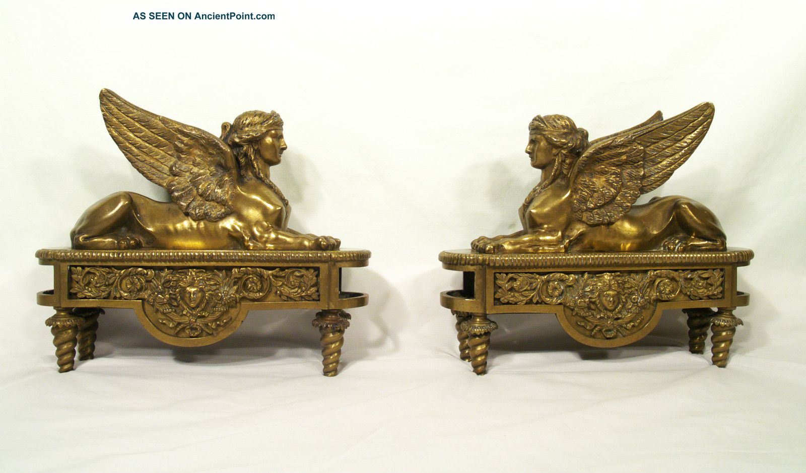 Pair Of 18 - 19th C.  Old Bronze Sphinx Chenets French Empire Andirons Metalware photo