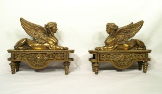 Pair Of 18 - 19th C.  Old Bronze Sphinx Chenets French Empire Andirons photo