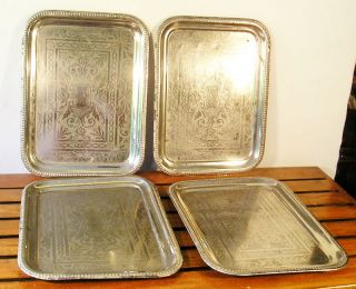 Vintage Set Four Chrome Plated Tin Trays M1 photo