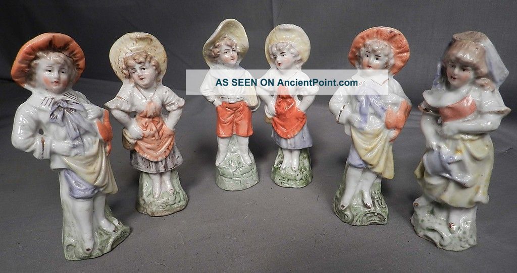 6 Germany Porcelain Antique Figurines Miniatures 1890s Boys Girls Fairing Figurines photo